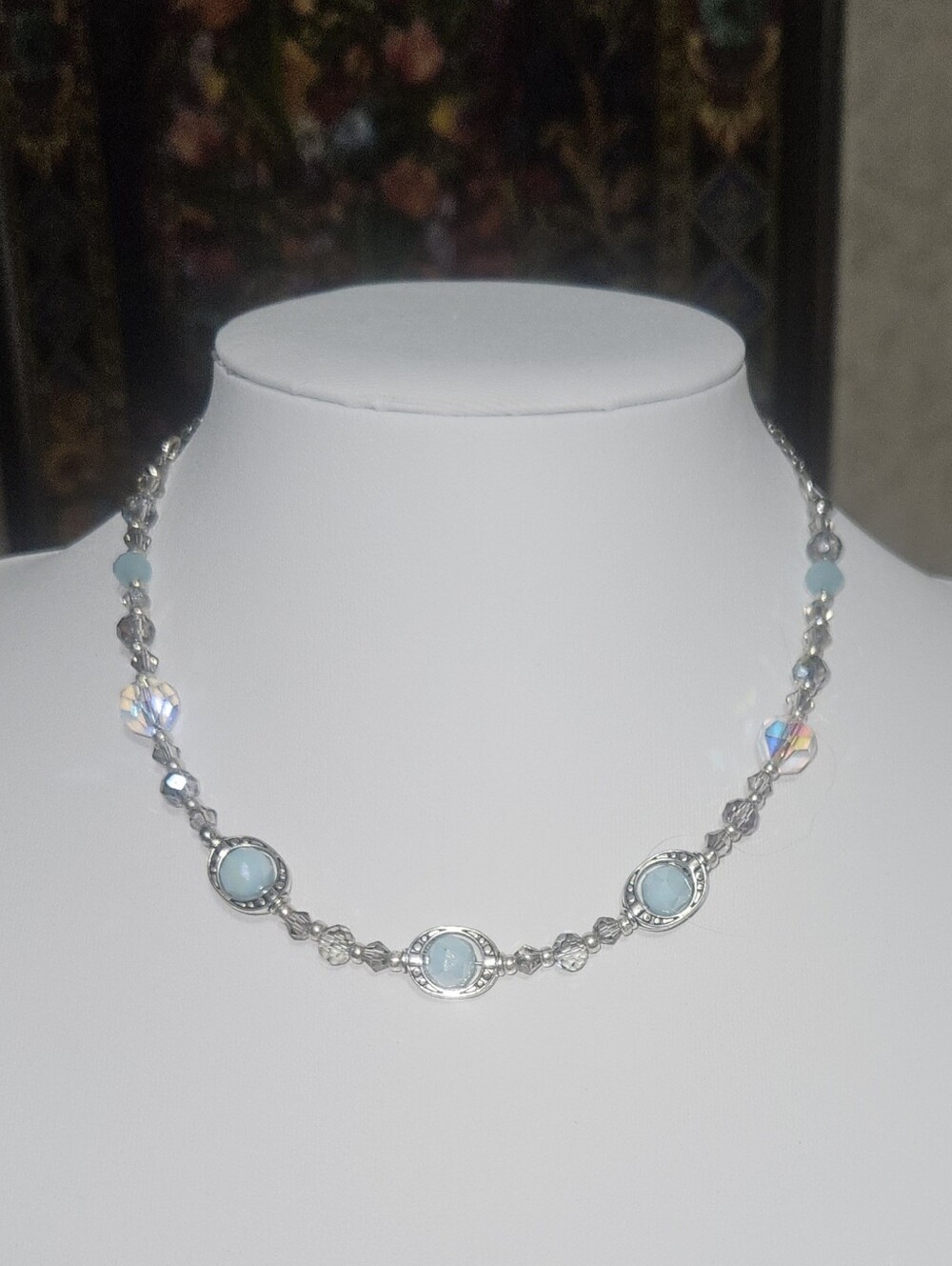 Handmade Silver and Light Blue Beaded Necklace/ Choker Women's Jewelry 15inch